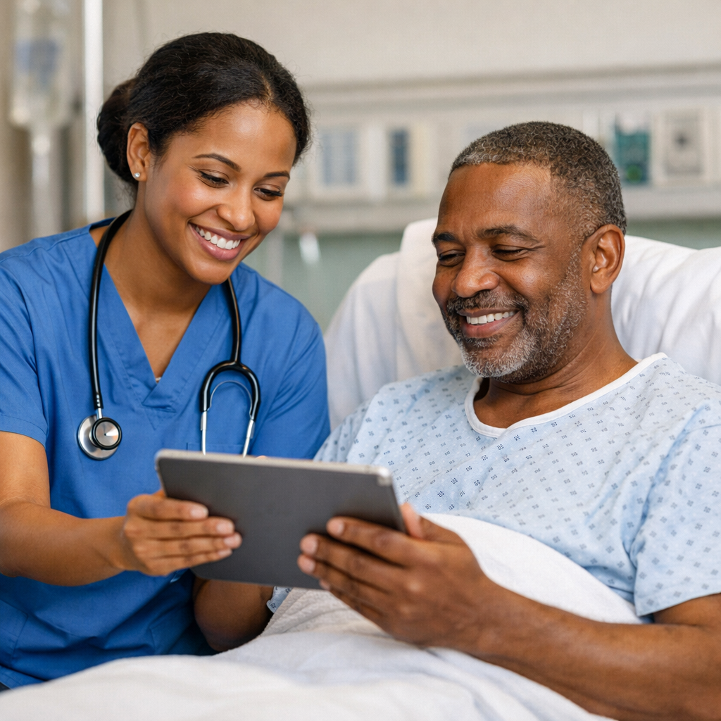 Nurse with a patient holding a tablet ideally people of color and will need to fit in this hero banner but not too tall The patient should be in a hos