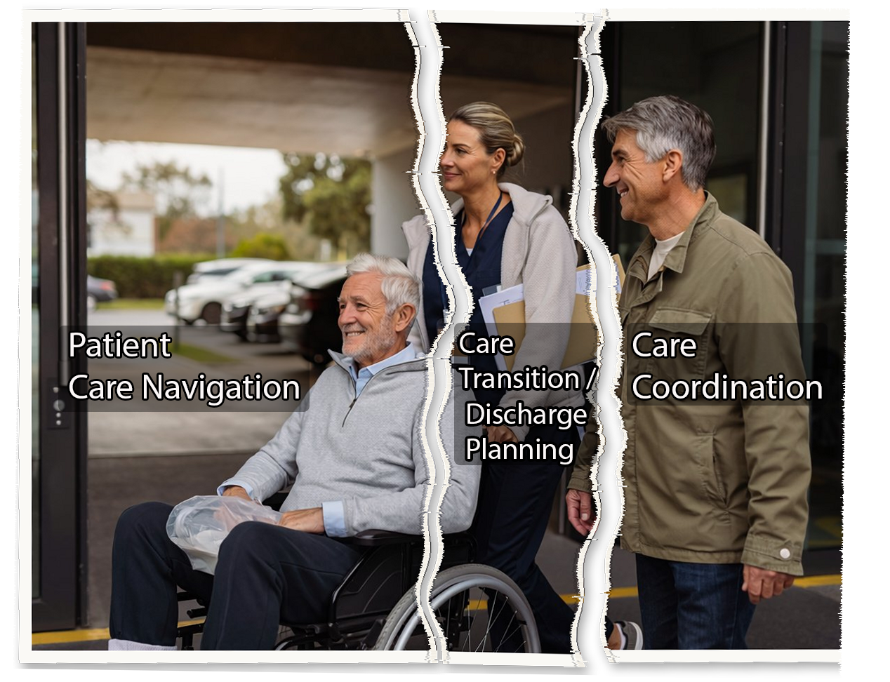 A patient, nurse, and family member shown across three torn photo strips, representing fragmented care coordination across hospitals, post-acute providers, and primary care. A patient, nurse, and family member shown across three torn photo strips, representing fragmented care coordination across hospitals, post-acute providers, and primary care.